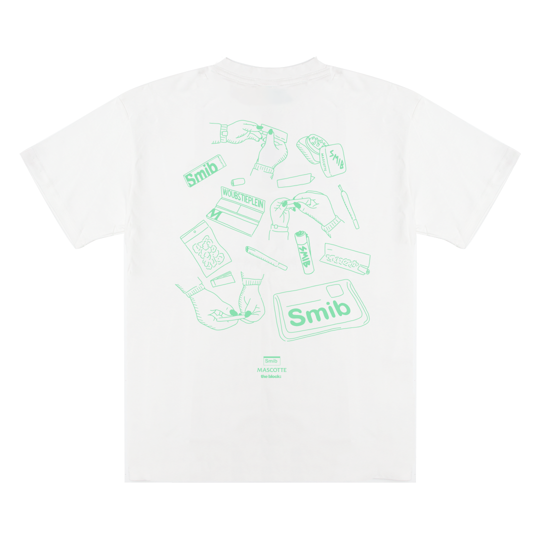 White Smib x Mascotte F*CK OV Rolling Tee with screen-printed rolling design on the back