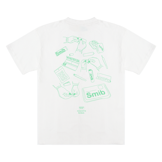 White Smib x Mascotte F*CK OV Rolling Tee with screen-printed rolling design on the back